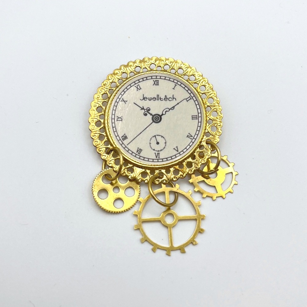 Jewelltech Steampunk Clock Face Brooch Gold Tone Dangle Gear Cog‎ Charms Pin